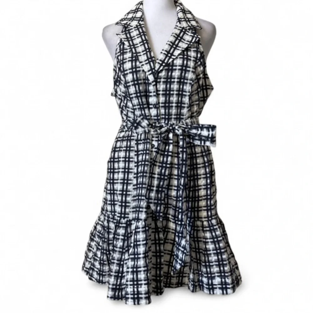 Maeve by Anthropologie Black & White Plaid Mini Flounce Dress size 10 - Picture 3 of 12